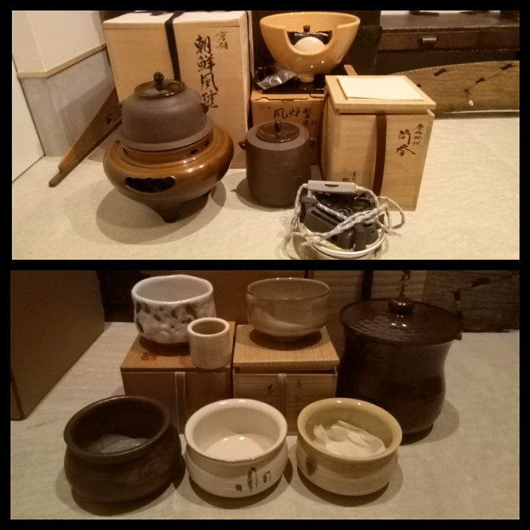 買取りさせていただいた茶釜、茶碗、水指、建水